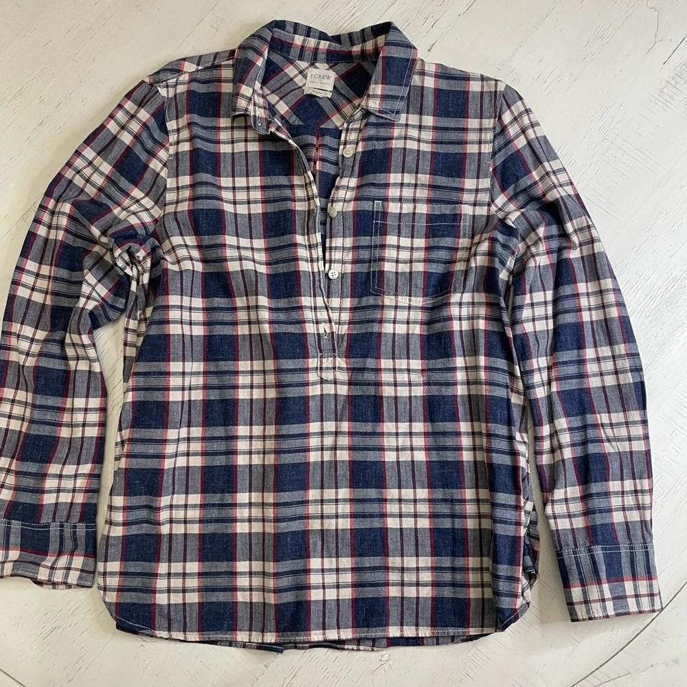 J. Crew Twill Plaid Shirt Blue 3/4 Button Youth Size Medium - Picture 1 of 3